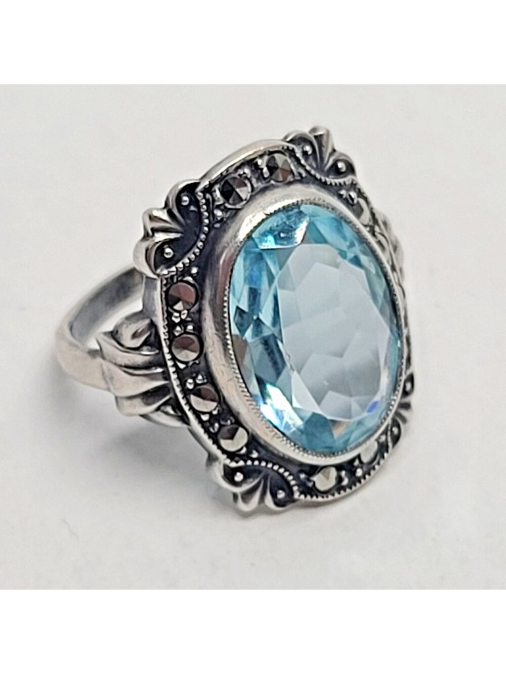 Sterling Silver Blue Topaz & Marcasite Ring, 5.75, Art Deco Style Oval Statement